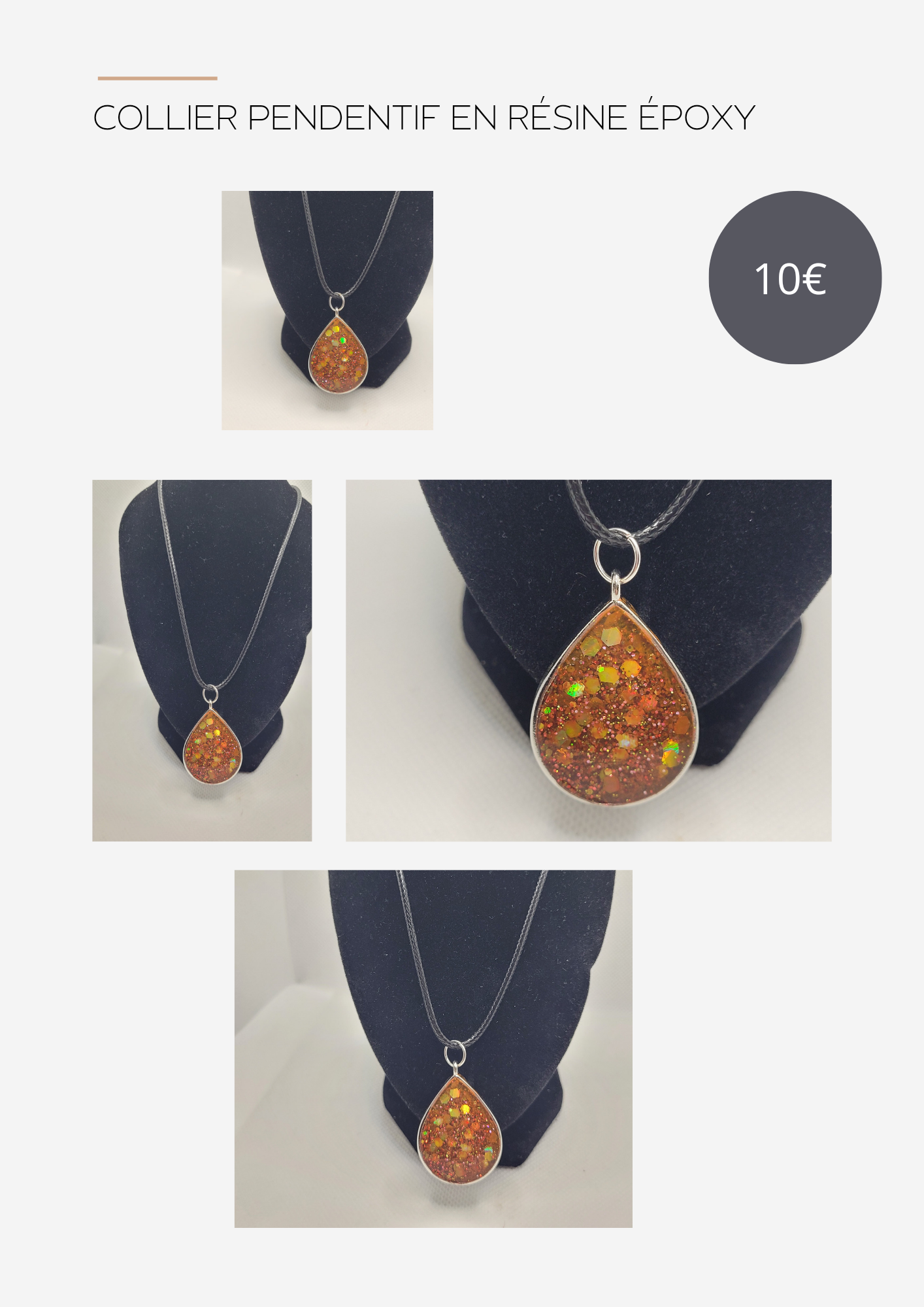 Collier en corde noir pendentif en résine époxy N°4