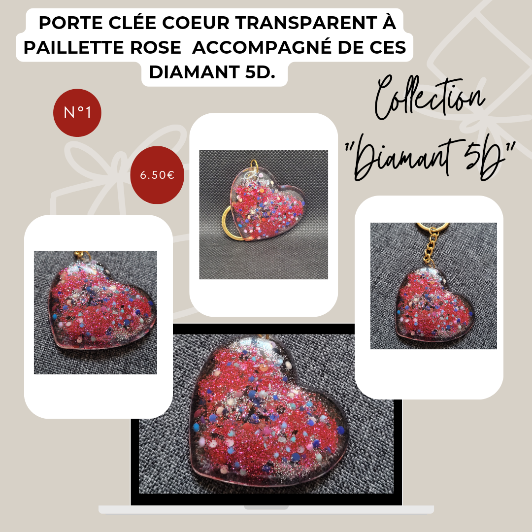 Porte clé cœur transparent à paillettes rose "Diamant 5D" N°1