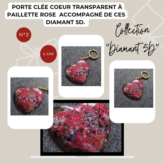 Porte clé cœur transparent à paillettes roses N°2