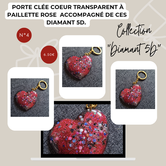 Porte clé cœur transparent à paillettes roses N°4